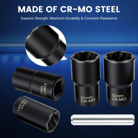 5 Piece Lug Nut Extractor Set With Half Inch Drive For Stripped Nuts And Bolts Includes 17Mm 19Mm 21Mm 22Mm Sockets And Center Punch Bar Impact Twist Socket Kit For Wheel Lock Removal No Nonsense Tool Kit showing CR-MO steel sockets and punch bar.