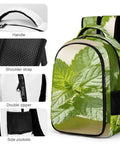 Green Mint Herb Printed Unisex Backpack With Large Capacity showing handle, shoulder straps, double zipper, and side pockets.