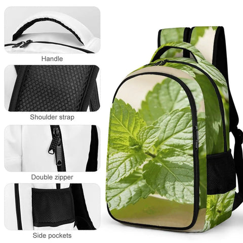 Green Mint Herb Printed Unisex Backpack With Large Capacity showing handle, shoulder straps, double zipper, and side pockets.