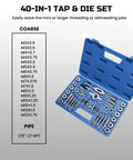 40-in-1 metric tap and die set in blue case with assorted taps and dies for external and internal threads.
