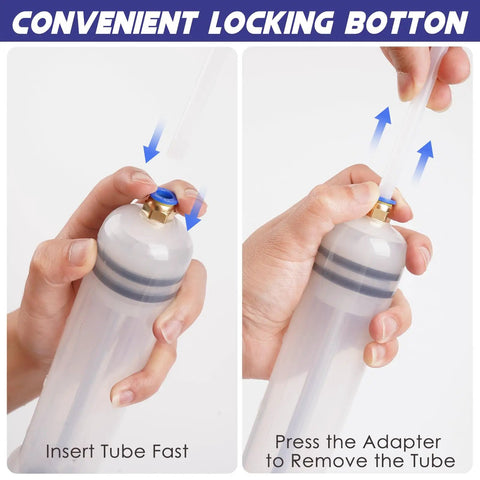 Demonstration of tube insertion and removal on 500cc Fluid Extractor And Syringe Pump For Cars Boats Engines And Lawn Mowers