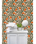 Botanical Chintz Vinyl Wallpaper Featuring Subtle Leather Texture Hella Durable Commercial Grade Wallcovering Custom Printed Just For You, showcasing vibrant floral design in a bathroom setting.
