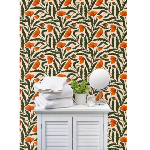 Botanical Chintz Vinyl Wallpaper Featuring Subtle Leather Texture Hella Durable Commercial Grade Wallcovering Custom Printed Just For You, showcasing vibrant floral design in a bathroom setting.