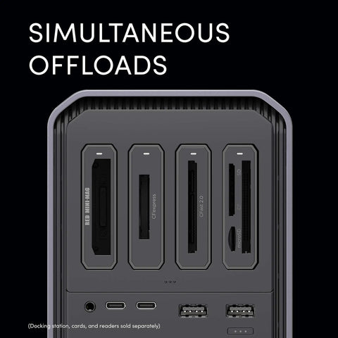 Kickstart Your Daily Hustle With This Professional Four Bay Docking Station Featuring Thunderbolt And USB C Ports For Lightning Fast Offloading, showcasing simultaneous offload slots.