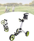 Hella Lightweight Pro Golf Push Cart Quick Fold Compact Three Wheel Trolley With Slick Aluminum Frame adjustable handle and cup holder.