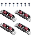 Straight Up Durable Nylon Sliding Door Pulley Wheels With Electroplated Stainless Steel Shell And Smooth Riding Track Rollers For Closet Window And Cabinet Replacement Parts Silver 4 Pack with red wheels and screws.