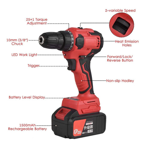 Heavy Duty Brushless Impact Drill Boasting 21 Volt Cordless Muscle And A Beefy 3 8 Inch Chuck image showing features like torque adjustment and LED light.