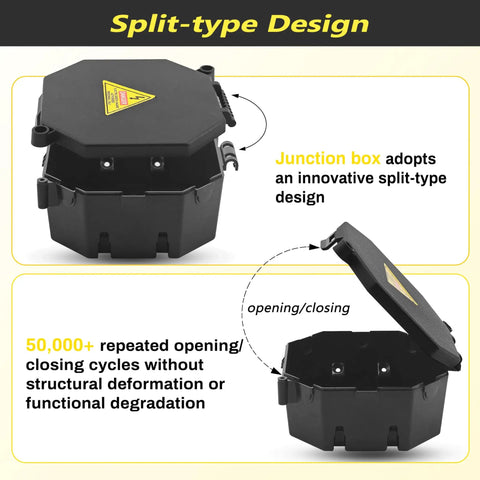 Black Open Splice Junction Box 8 Pack With Cover No Fuss Easy Install Wire Electrical Splice Box Flame Retardant V0 Rated For Safe Connections Durable Plastic Electrical Box For Home Or Industrial Use showing split-type design and repeated opening/closing cycles without degradation.