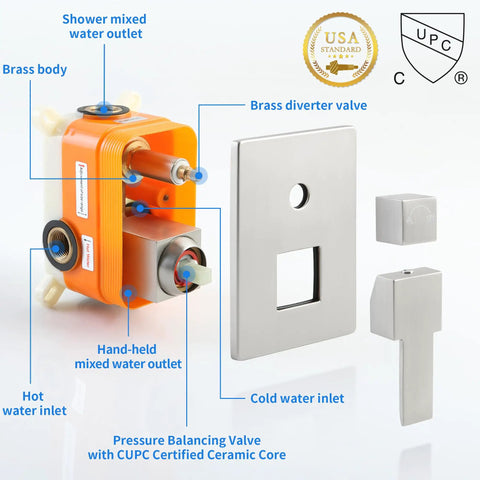 Two Way Shower Diverter Valve Kit With Brushed Nickel Finish Wall Mount Dual Function Shower Mixer One Handle Control Easy Install Replacement Rough In Valves Included components displayed