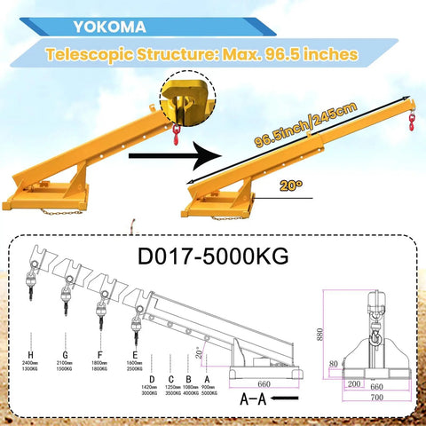 Heavy Duty Forklift Jib Boom Crane With Fully Adjustable Telescopic Arm And Pivoting Chain Hoist Hook Smooth Rigging For The Daily Grind Built Different For Warehouse Moves And Site Work, 96.5 inches long.