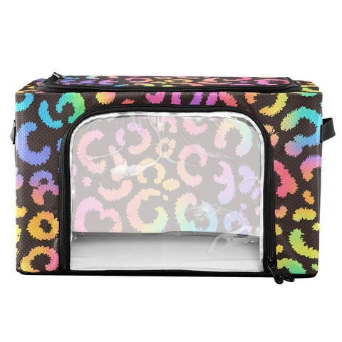 Hella Roomy Foldable Storage Bin With Clear Front Window And Top Front Twin Zippers built tough in leopard print rainbow decor 16.9 x 11.4 x 10 inches.