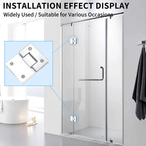 Beefy Heavy Duty Stainless Steel 180 Degree Frameless Shower Door Hinge installed on glass shower door, bi-directional opening.