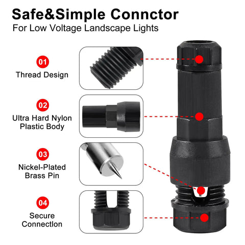 Diagram of Ten Pack Low Voltage Landscape Wire Connectors Waterproof For Outdoor LED Pathway Garden Lights showing thread design and body