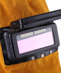Close-up of Cowhide Leather Welding Hood With Auto Darkening Lens Pancake Style Welding Helmet Mask For Arc Welding