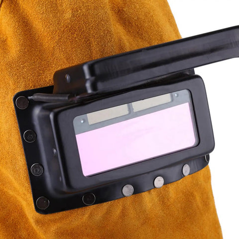 Close-up of Cowhide Leather Welding Hood With Auto Darkening Lens Pancake Style Welding Helmet Mask For Arc Welding