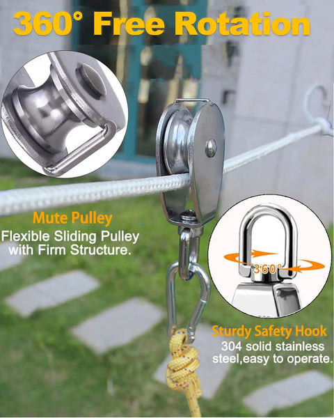 4 Pack M20 Pulley Block Set With 2 Single Pulleys And 2 Double Pulleys, Stainless Steel, Built Tough, Rust And Corrosion Resistant, 360 Degree Rotating, Rugged Shockproof Hardware For Heavy Duty Lifting And Rigging. stainless steel pulley on rope with 360° rotating hook