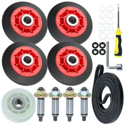 Upgraded Whirlpool Dryer Repair Kit With Hella Durable 4392067 Parts And Wpw10314173 Drum Rollers polished black and red polymer rollers and tools included.