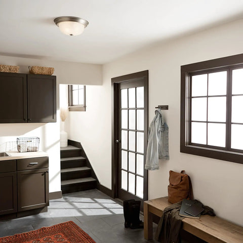 Interior view with Two-Light Flush Mount Ceiling Fixture In Brushed Nickel With Alabaster Glass For Bedroom Living Room Kitchen And Hallway