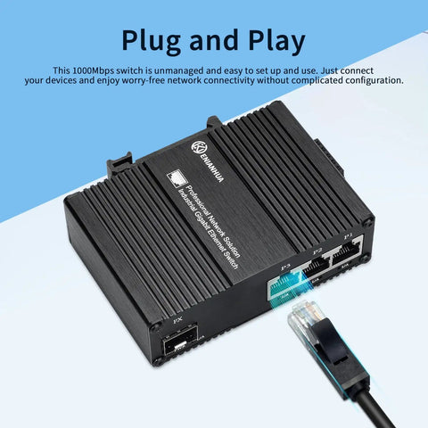 Industrial Gigabit Ethernet Switch Workhorse with 4 Ports 3X RJ45 10 100 1000 Mbps and 1 Gigabit SFP shown with cable