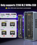 M.2 NVMe SSD Enclosure shows compatibility note for 2280 SSDs with layout diagram and clear warnings.