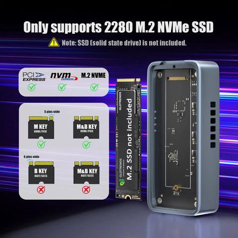 M.2 NVMe SSD Enclosure shows compatibility note for 2280 SSDs with layout diagram and clear warnings.