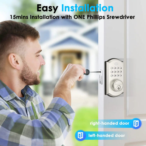 Person installing Keyless Entry Smart Lock With Bluetooth App Control And Keypad using a screwdriver on a front door.