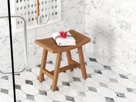 Patented 18 Inch Asia Lotus Teak Shower Bench with folded towel and flower, showcasing stainless steel hardware and rubber feet