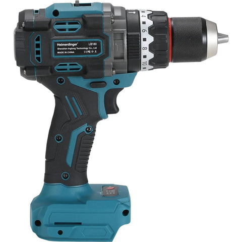 Professional Brushless Cordless Impact Drill Featuring 1/2 Inch Keyless Chuck And Serious 160 Nm Torque Output For Makita 18V Batteries, side view showcasing design.