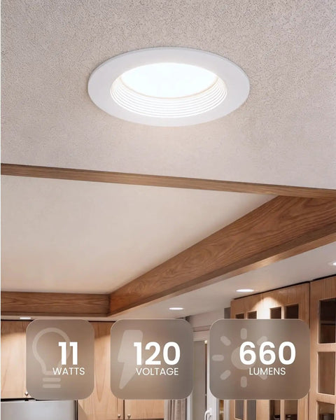 4 Inch LED Recessed Downlights Kit With Dimmable Baffle Trim, 660 Lm, 11W, installed in a modern kitchen ceiling