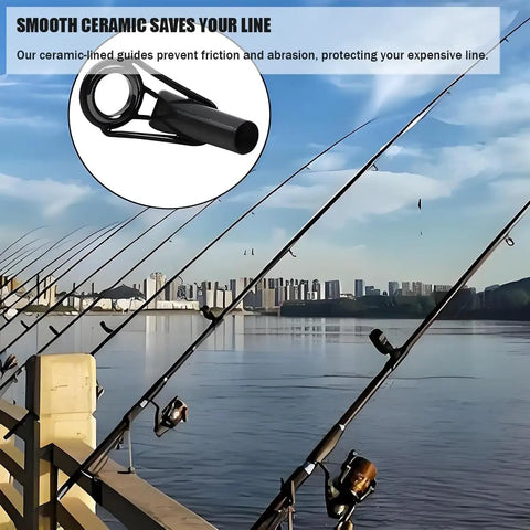 Smooth ceramic-lined guide for Ultimate Fishing Rod Tip Repair Kit With UV Light And Glue, mounted on fishing rods by water