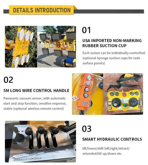 Pro Grade Heavy Duty Electric Glass Vacuum Lifter With Multi Suction Cups, showing non-marking rubber suction cups and controls.
