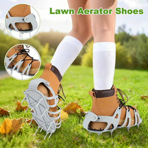 Person wearing Lawn Aerator Shoes with wrap around lacing and 22 nails for deep soil aeration in yards, patios, and gardens.