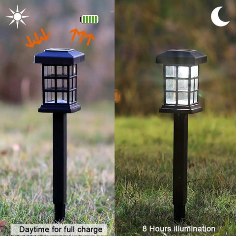 Solar Pathway Lights Outdoor LED Solar Powered Garden Lights showing daytime charging and nighttime illumination (IP44, easy install).