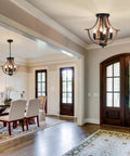 Four Light Farmhouse Pendant Lighting Featuring Rustic Faux Wood Chandelier Details And Sleek Flush Mount Fixture For Kitchen Island Dining Room in elegant dining area.