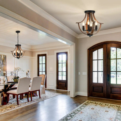 Four Light Farmhouse Pendant Lighting Featuring Rustic Faux Wood Chandelier Details And Sleek Flush Mount Fixture For Kitchen Island Dining Room in elegant dining area.