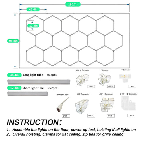 Diagram showing Geometric Hexagon Garage LED Light Panels With Blue Frame No-Fuss Install Ultra Bright 6500K 672W 86400LM 14 Grid