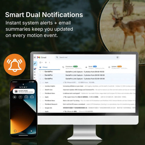 Smart dual notifications from the Extra Trail Cam For Wildlife Viewing And Yard Patrol with alert icons and email updates.