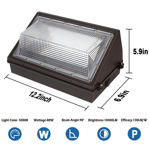 Beefy 80W LED Wall Pack Light With 10,400 Lumens ETL Certified Outdoor Wall Lamp dimensions and features diagram