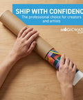 Hands inserting art into Heavy-Duty 2.5 X 12 Mailing Tube For Arts And Documents - Rigid Kraft Shipping Tube With Secure White End Caps