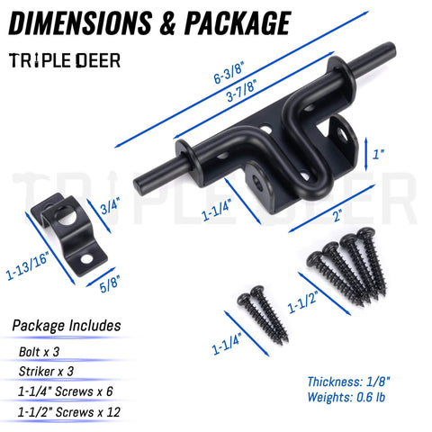Beefy Heavy Duty Sliding Bolt Gate Latch For Wooden Fence Yard Fence Shed Door Barn Door Left Or Right Hand Install With Padlock Hole Black Finish Durable Hardware Set 3 Pack, shown with dimensions and screws