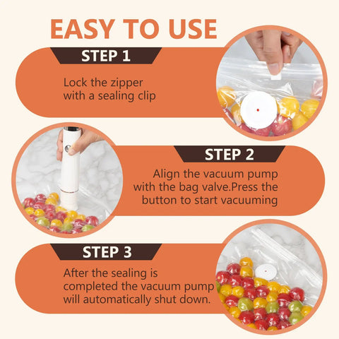 Compact Handheld Vacuum Sealer For Meal Prep And Leftovers With Freezer Storage Includes 30 Reusable Vacuum Bags Steps