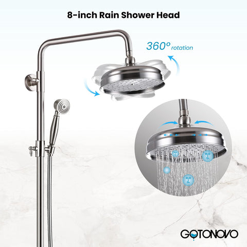 Brushed Nickel Shower Faucet Set With 8 Inch Rain Shower Head Handheld Spray Double Lever Handles Tub Spout 3 Function Diverter Wall Mount