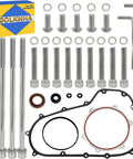 Bulletproof Stainless Steel Primary Cover Bolt Kit With Clutch Gasket For Harley Davidson Touring Models Electra Glide Road King Street Glide 2007 To 2016, includes bolts, gaskets, and hardware set.