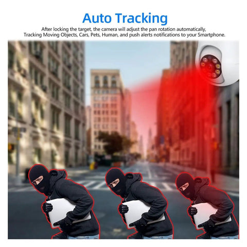 Keep Your Homestead Secure And Sound With This 5MP Wireless PTZ Security Camera tracking a thief in urban setting.