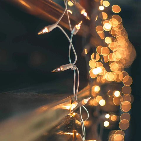 Warm White 50 Count Mini Christmas Lights On White Wire For Indoor Outdoor Decor 10ft Clear Incandescent String Lights glowing on a railing