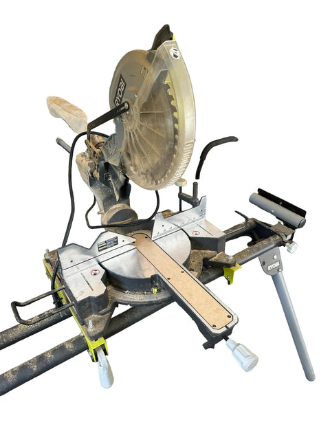Zero Clearance Miter Saw Insert For Ryobi Sliding Compound Saw TSS121 attached, enhancing cut precision, noise dampening visible.