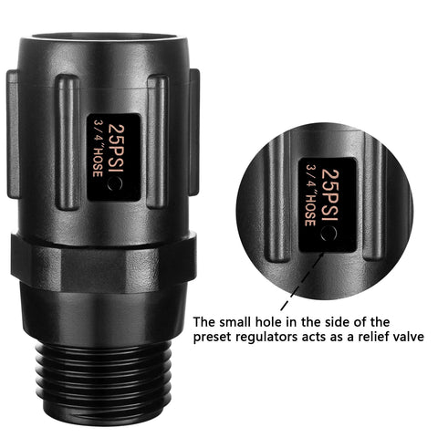 Front view of 2-pack garden hose pressure regulator, 25 PSI, 3/4 FHT to 3/4 MHT, black plastic body.