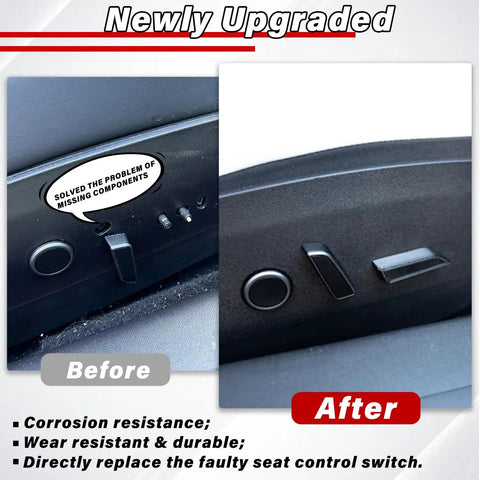 Before and after of Tesla Model 3/Y right passenger seat switch replacement for 2017-2022 front controls, including tilt and recline.