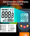 Digital Infrared Thermometer Gun Non Contact Temp Gun with LCD display and adjustable emissivity, showing temperature details