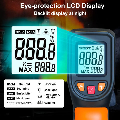 Digital Infrared Thermometer Gun Non Contact Temp Gun with LCD display and adjustable emissivity, showing temperature details